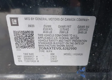 2020 Chevrolet Equinox Awd 2Fl z USA, uszkodzony, nr VIN 2GNAXTEV0L6282990